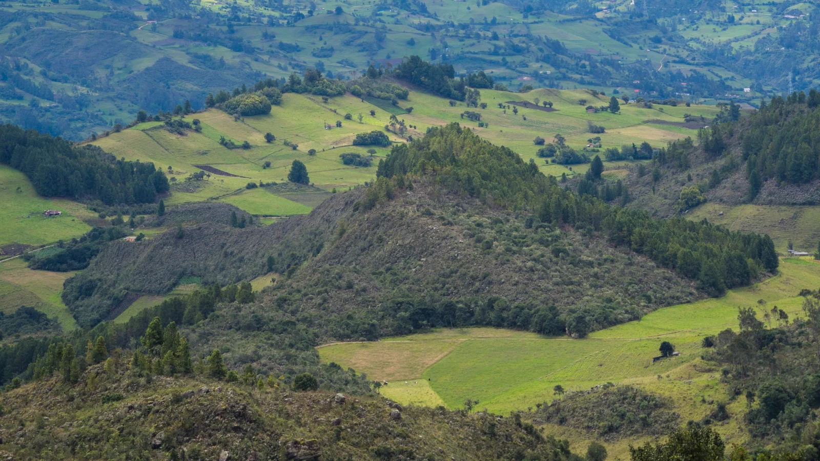 Paisaje real de un valle verde y montañas en Manta, Cundinamarca, Colombia.