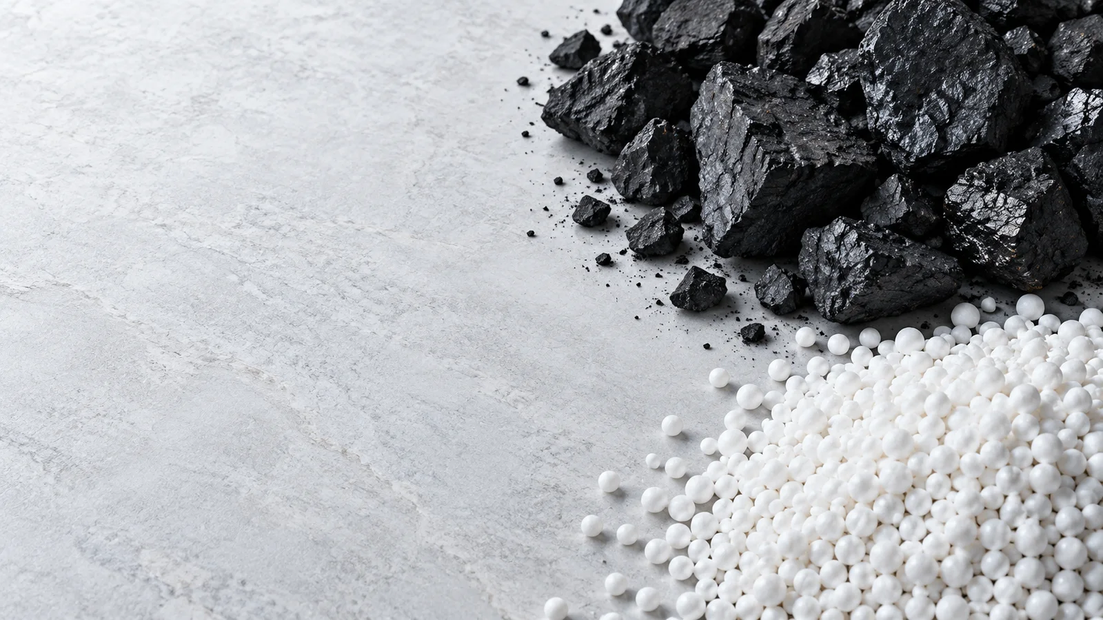 Fragmentos de carbón y gránulos blancos en una composición conceptual de materiales.